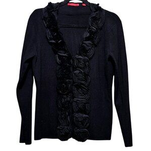 RED Black Knit Cardigan With Floral Rosette Trim Size L Long Sleeve Women's Swea